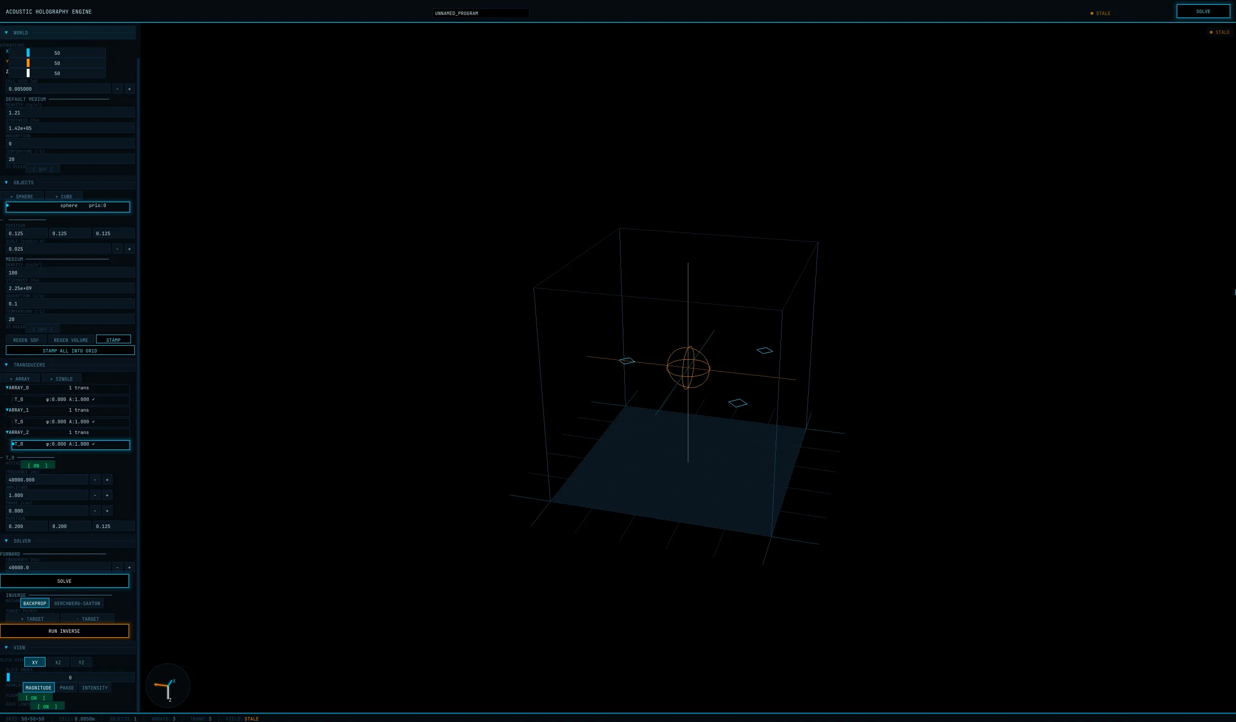 The Simulator Running with Three Transducers and a Sphere